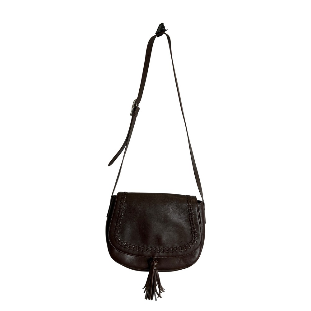 J. Jill Dark Brown Leather Saddle Shoulder Bag Tassel Boho Cottagecore Hippie